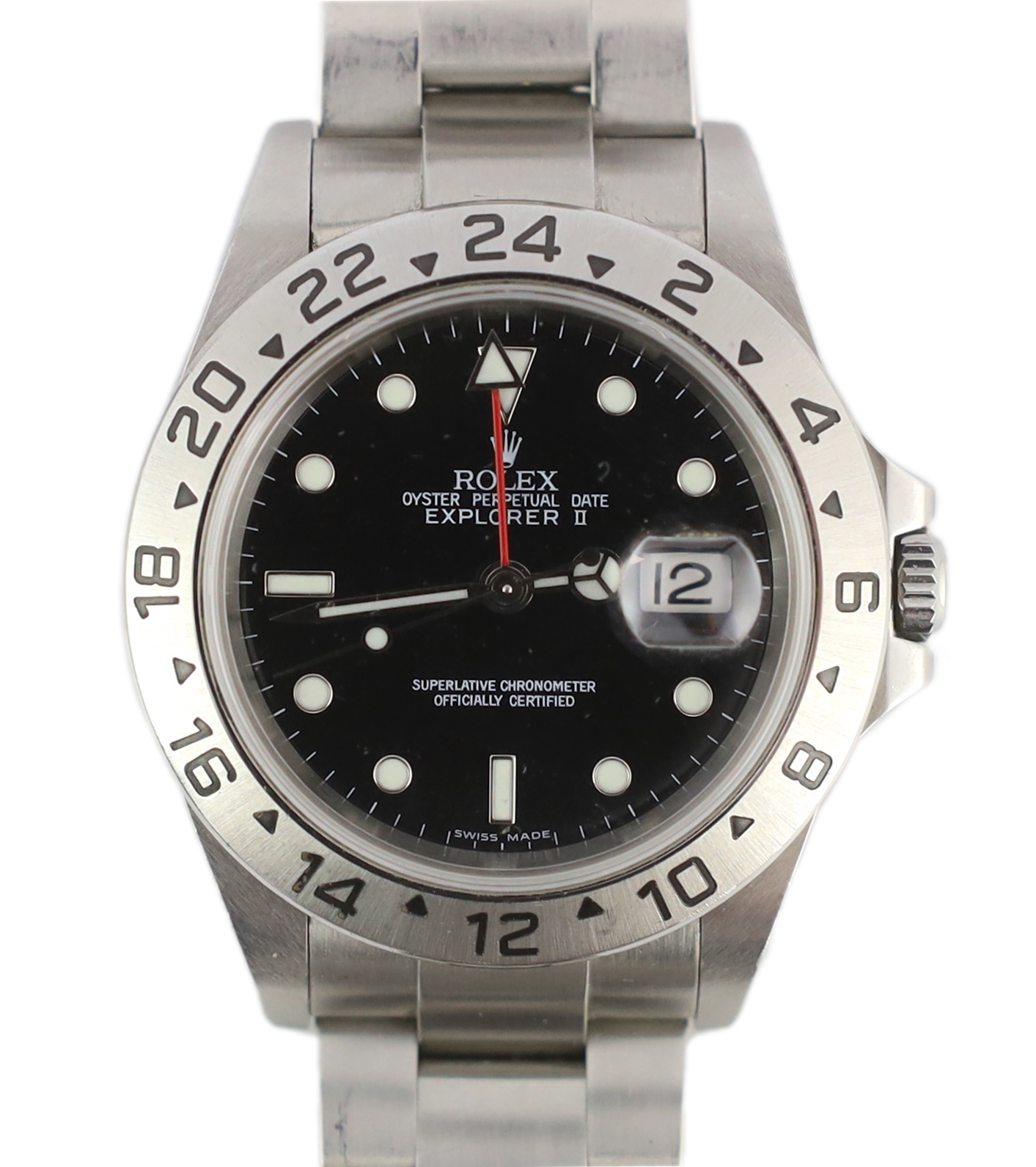 A gentleman's 2004 stainless steel Rolex Oyster Perpetual Date Explorer II wrist watch, on a stainless steel Rolex bracelet